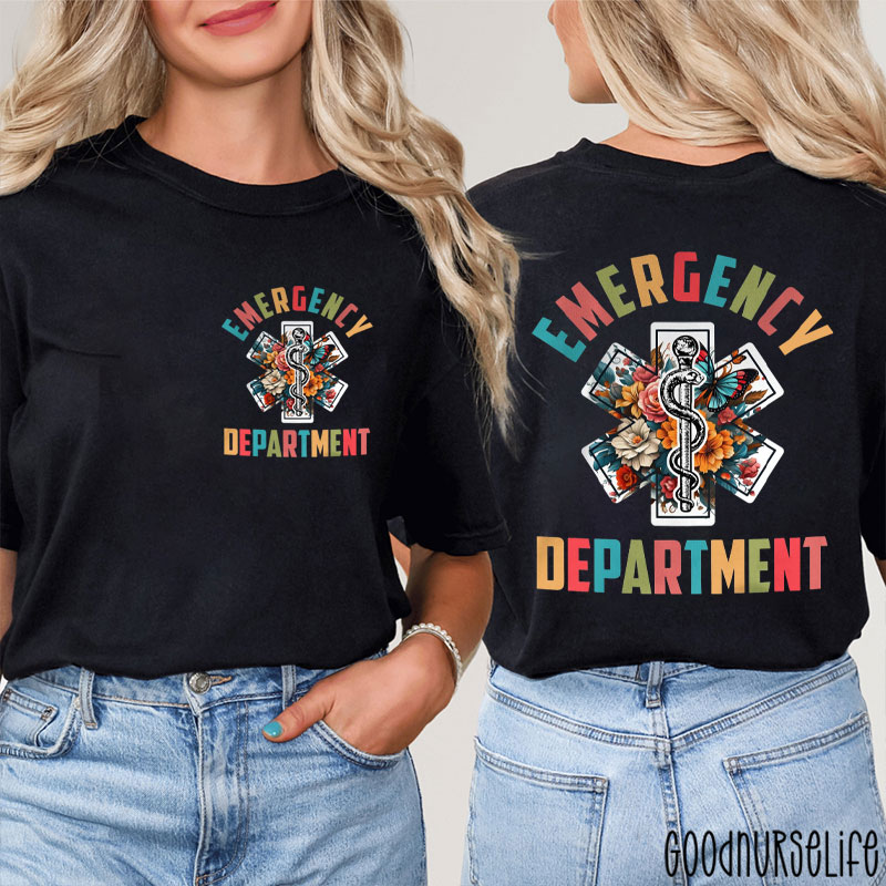 Emergency Department Floral ER Nurse Two Sided T-Shirt
