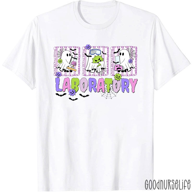 Halloween Laboratory With Three Cute Ghosts T-Shirt