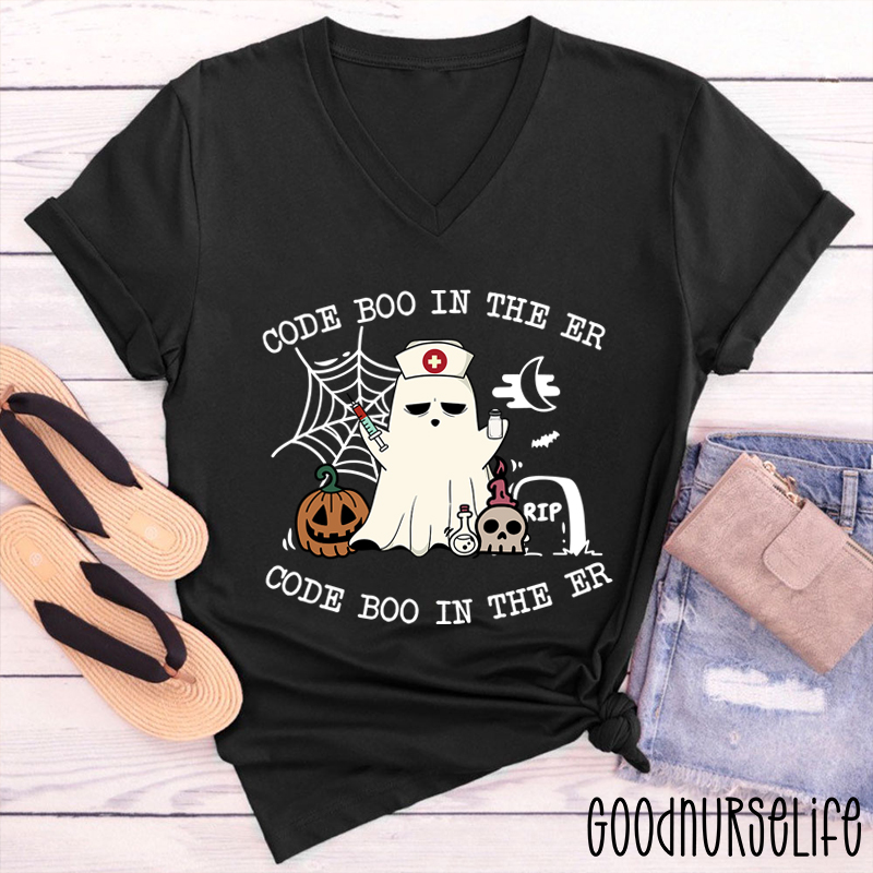 Code Boo In The Er Code Boo In The Er Nurse T-Shirt- Female V-Neck T-Shirt