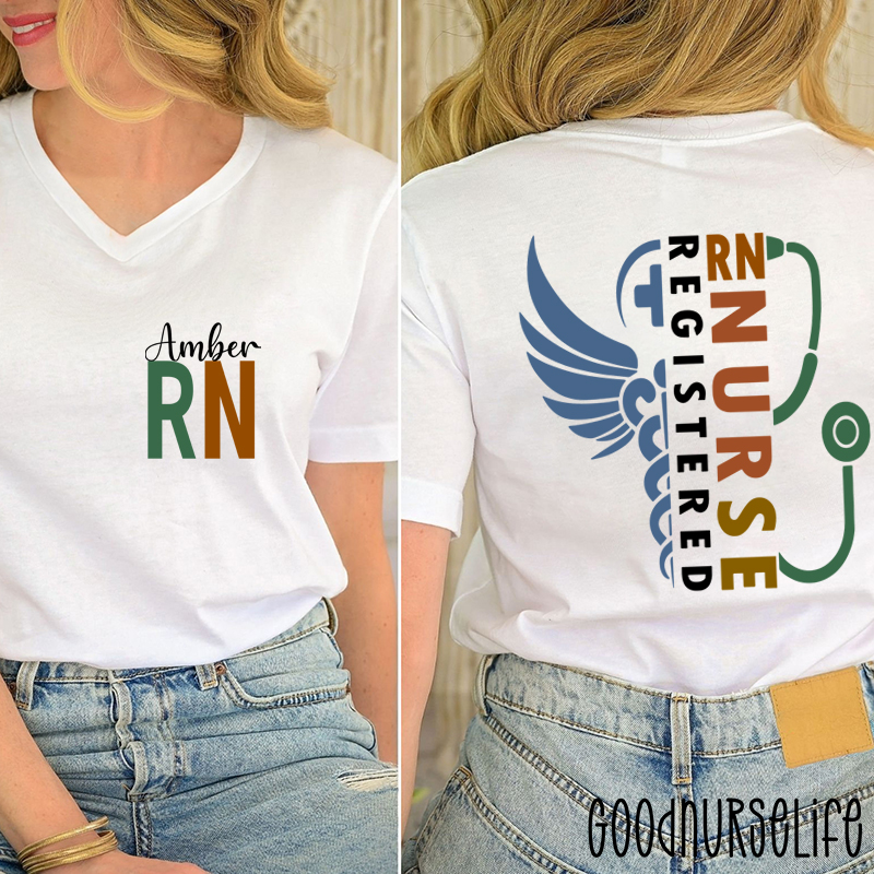 Personalized Healthcare Worker RN Nurse Female V-Neck Two Sided T-Shirt
