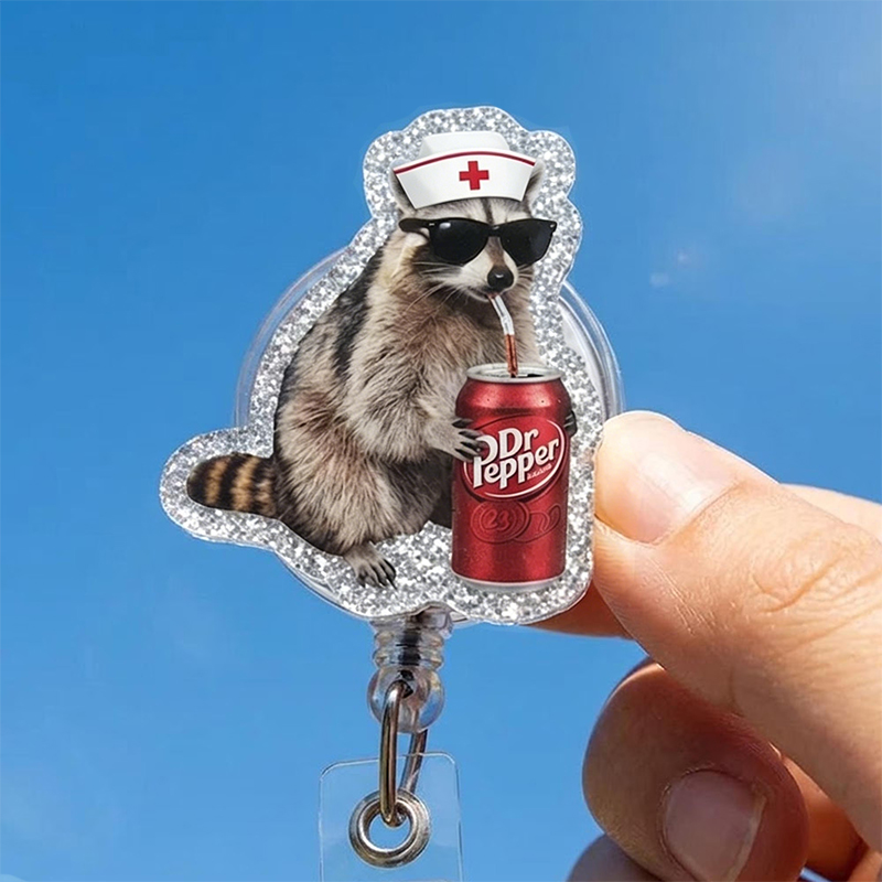 Funny Raccoon With Drink Nurse Badge Reel
