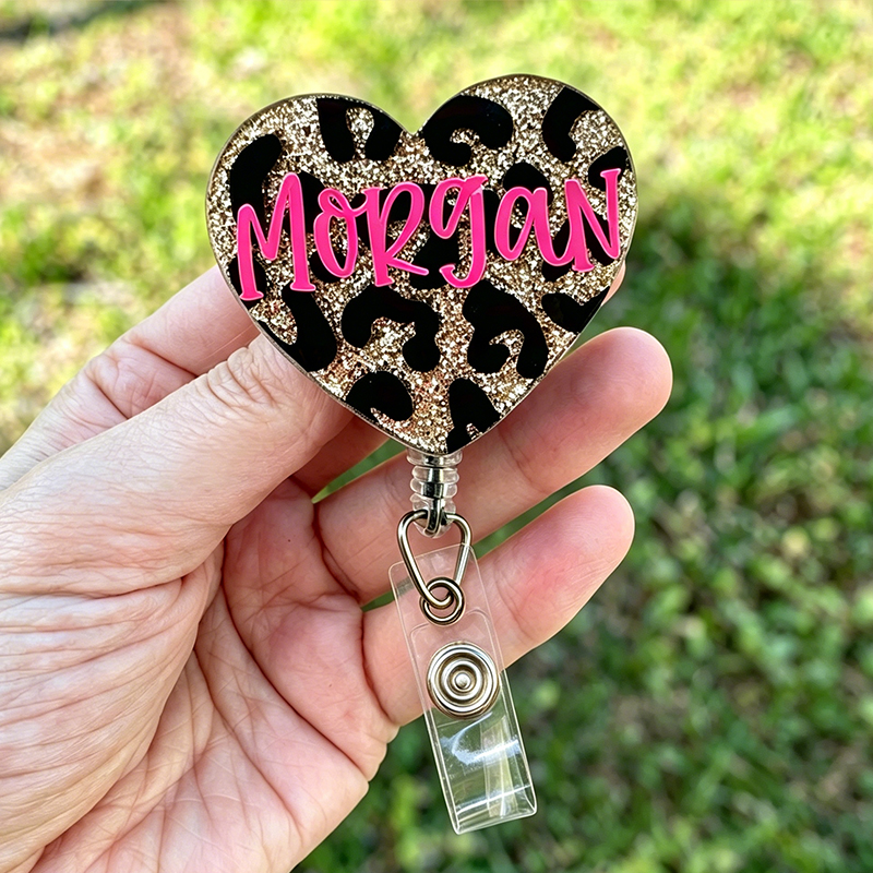 Personalized Name Leopard Heart Nurse Badge Reel
