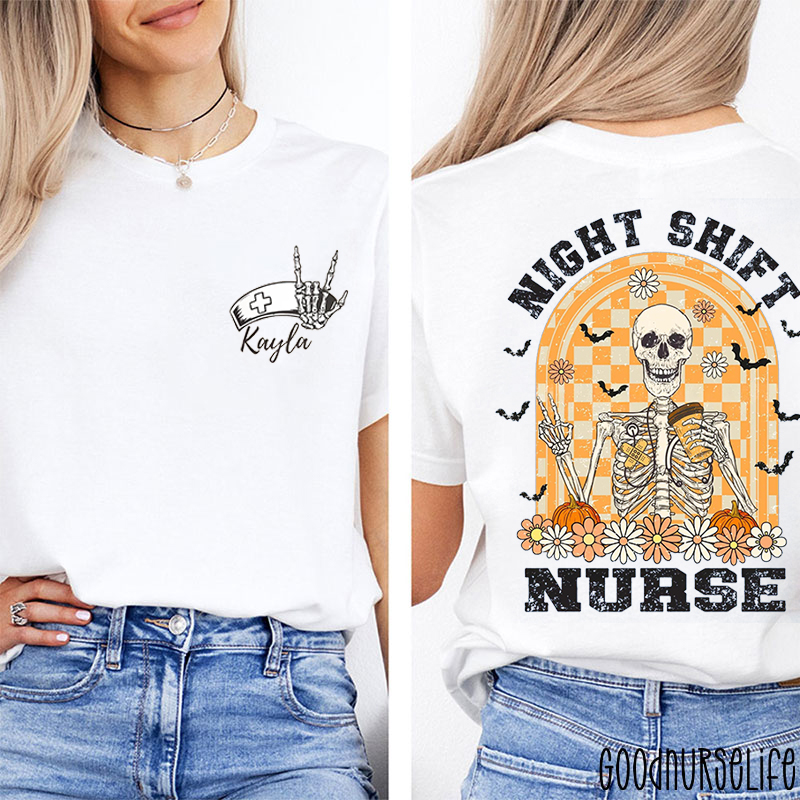 Personalized Retro Flower Skeleton Night Shift Nurse Two Sided T-Shirt