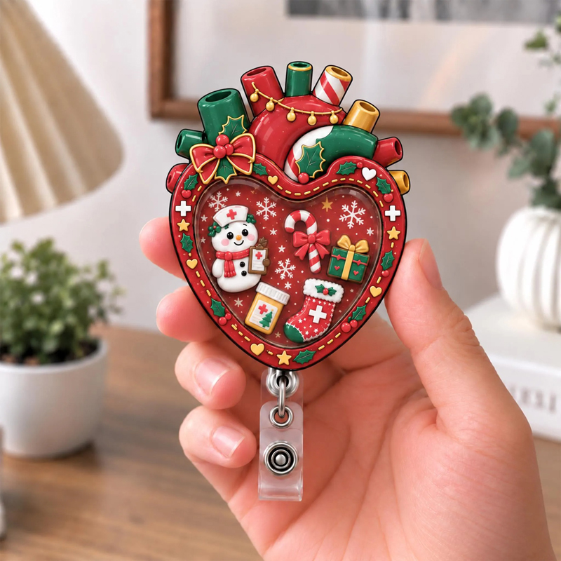 Cardiac Christmas Heart Snowman Shaker Badge Reel
