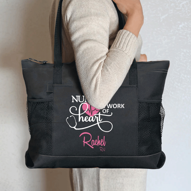 Personalized Name Nursing Is A Work Of Heart Nurse Zip Tote Bag