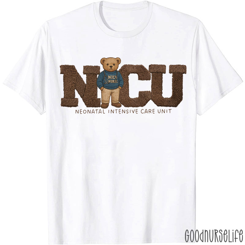 Vintage Bear Imitation Embroidery Print NICU Nurse T-shirt