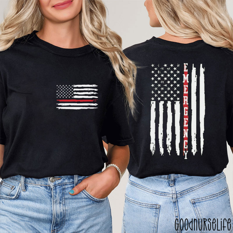 Emergency Nurse Thin Red Line American Flag Nurse Two Sided T-Shirt