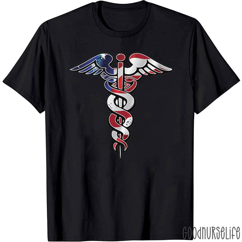 USA Flag Caduceus Medical Symbol Nurse T-Shirt