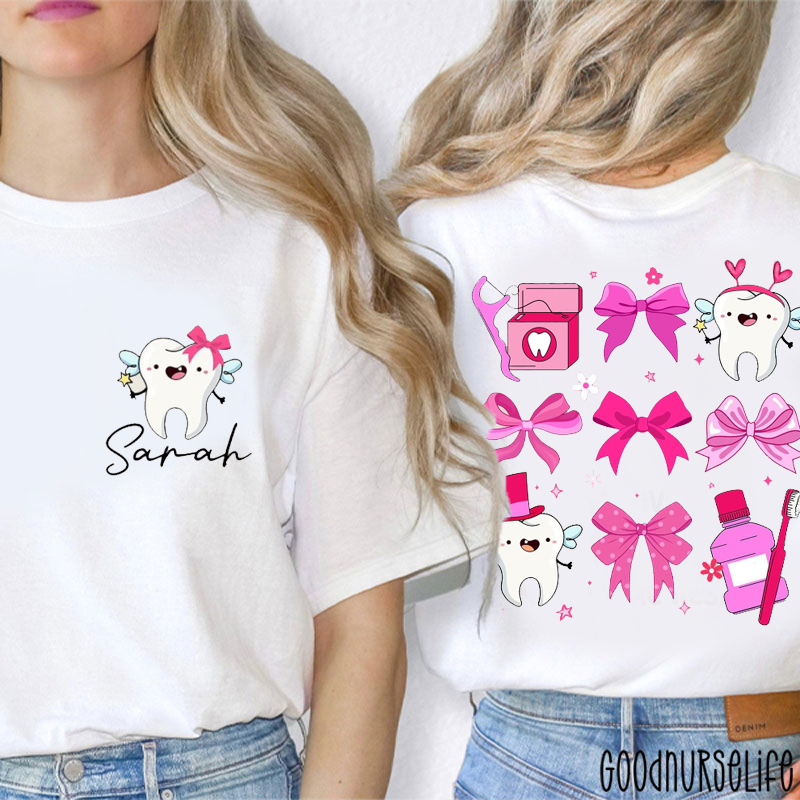Personalized Cute Dentist Coquette Bow Two Sided T-Shirt