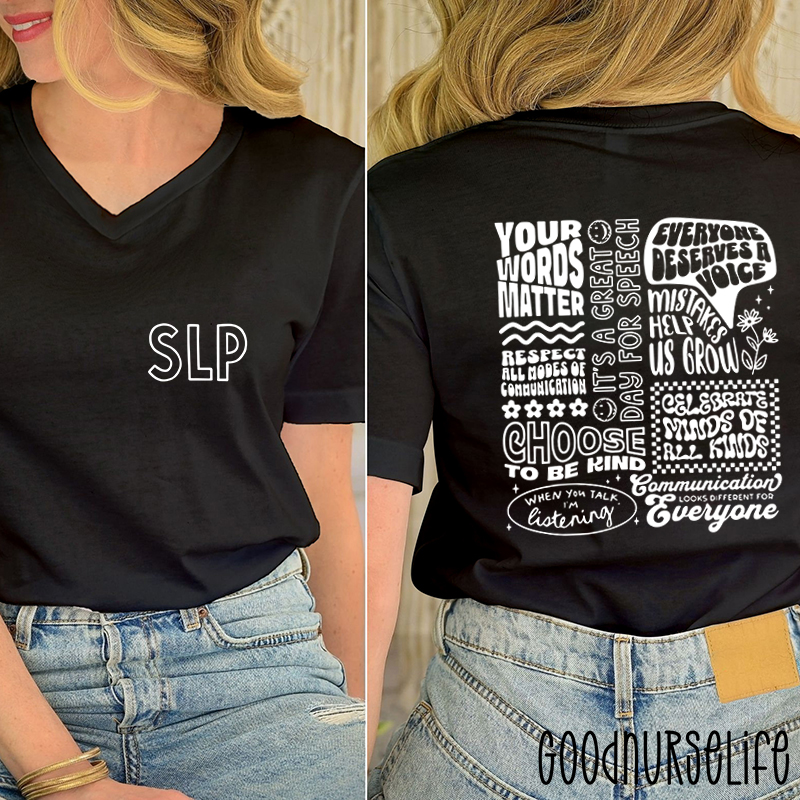 SLP Your Words Matter  Female V-Neck Two Sided T-Shirt