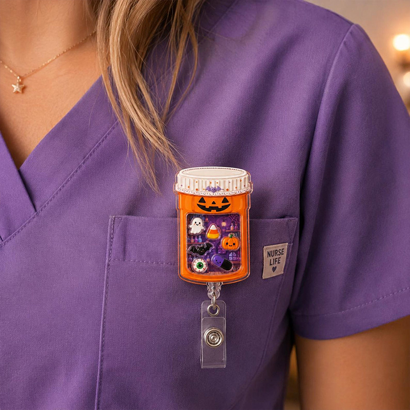 Halloween Pill Bottle Nurse Shaker Badge Reel