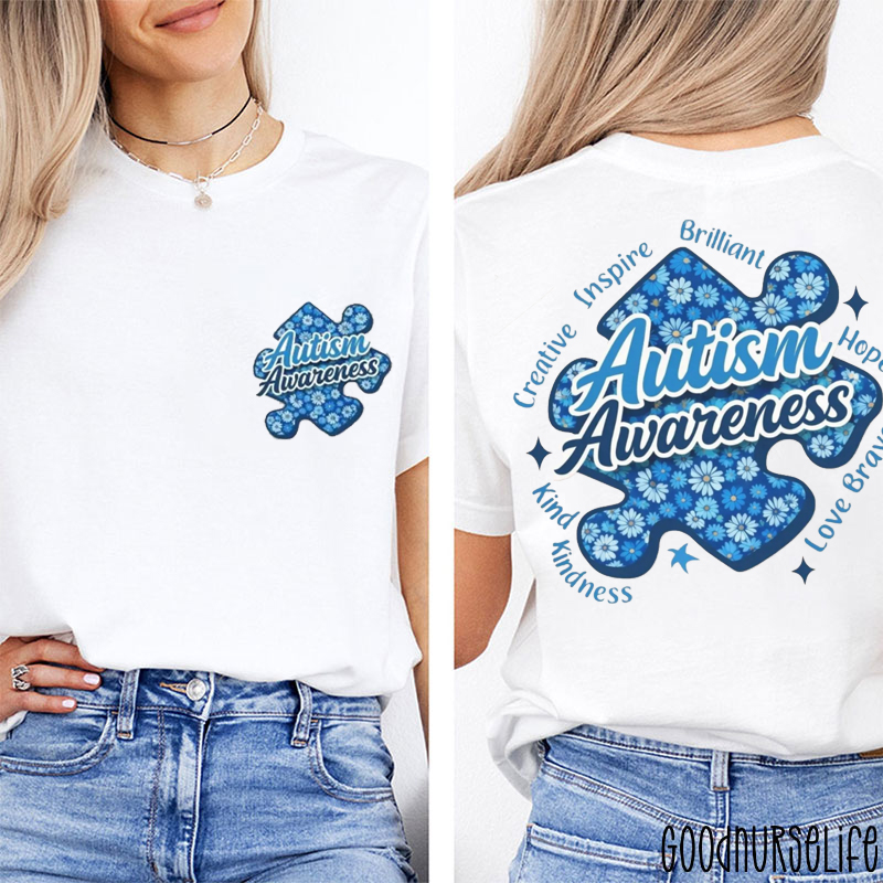 Blue Flower Creative Inspire Autism Awareness Two Sided T-Shirt