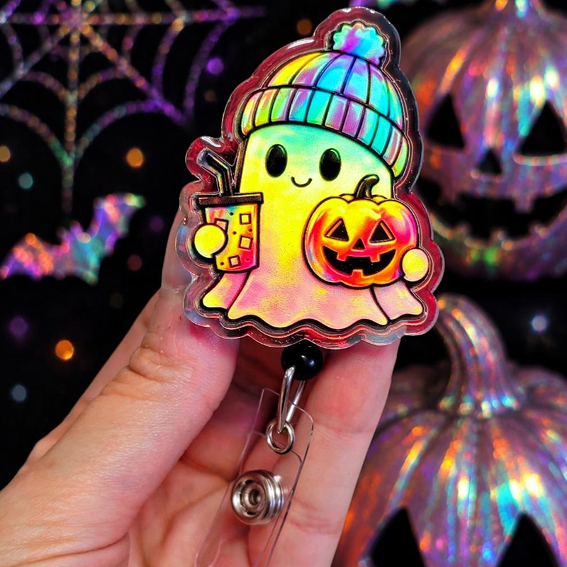 Beanie Ghost Pumpkin Drink Halloween Badge Reel
