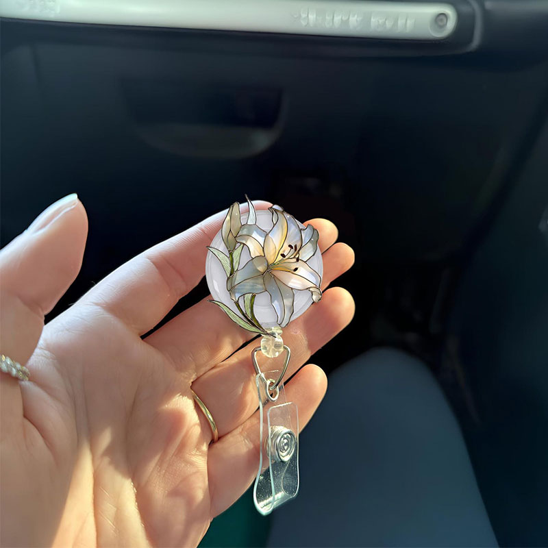White Lily Flower Badge Reel