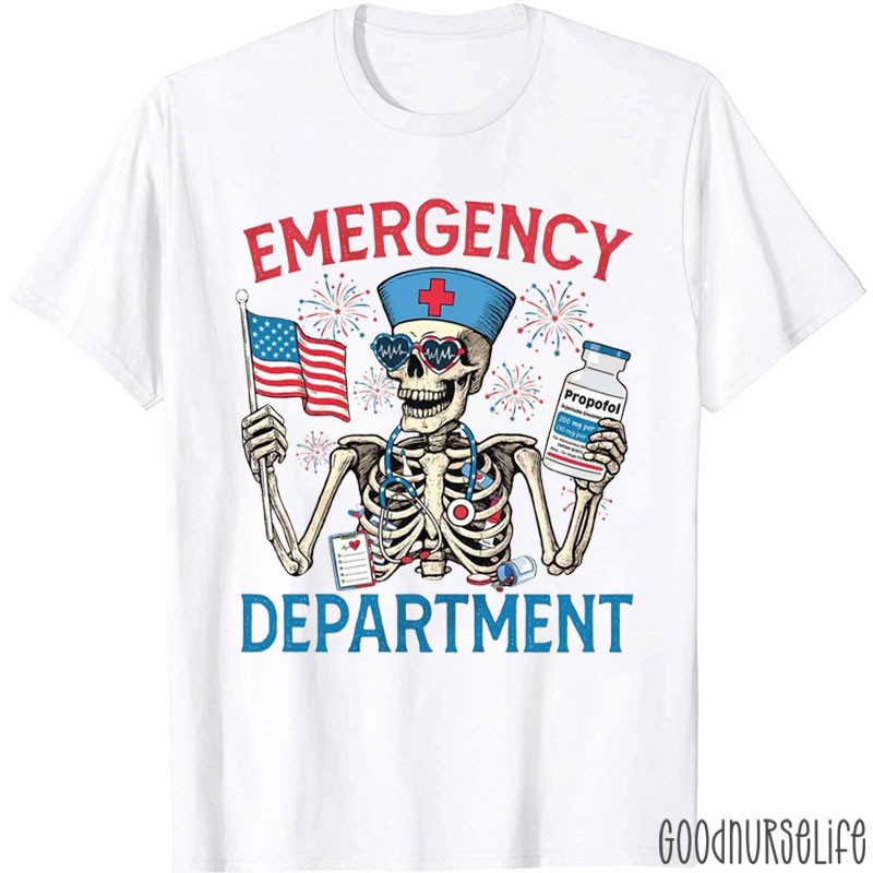 Skeleton Emergency Department Nurse 4th Of July T-Shirt