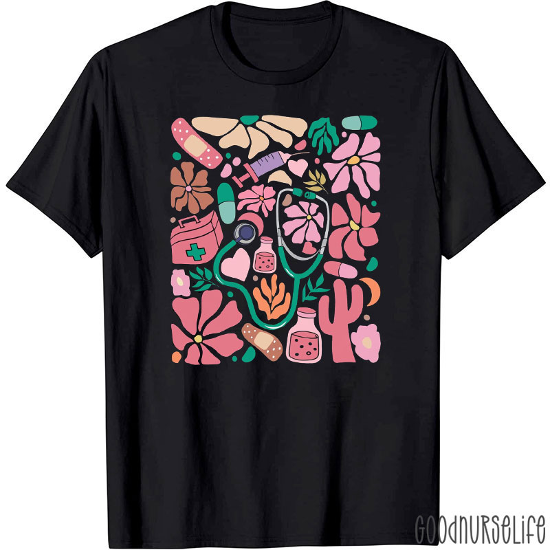 Retro Floral Stethoscope Nurse T-Shirt