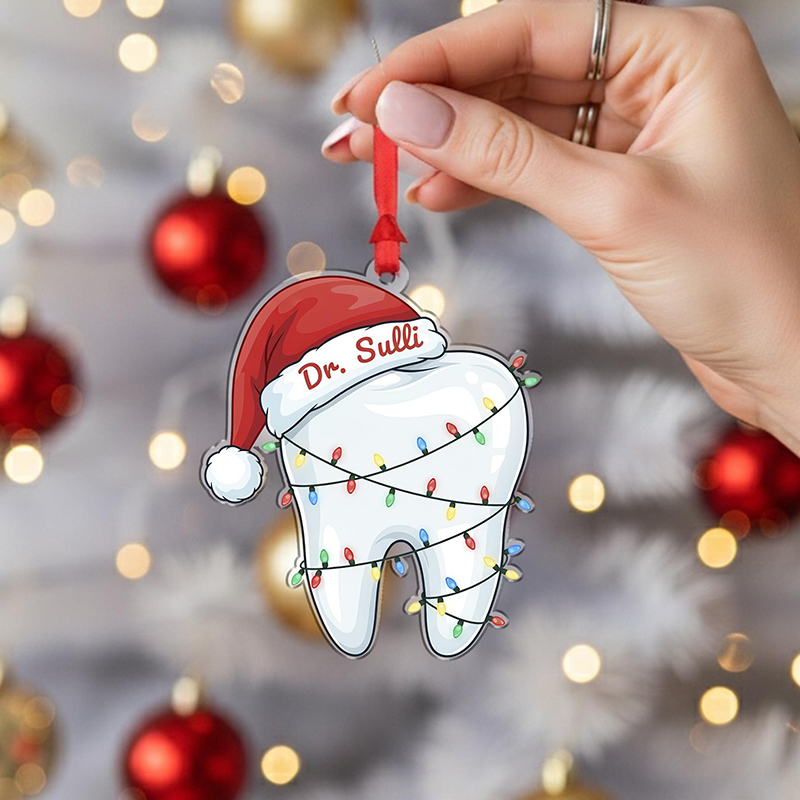 Personalized Name Tooth With Santa Hat Acrylic Christmas Ornament