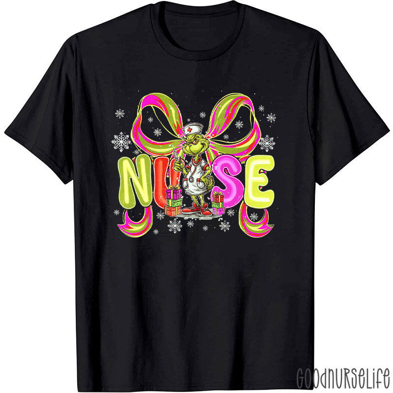 Grinch Nurse With Syringe And Neon Bows Nurse T-Shirt