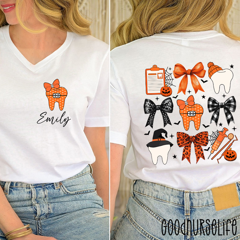 Personalized Halloween Bow Tie And Needle Female V-Neck Two Sided T-Shirt