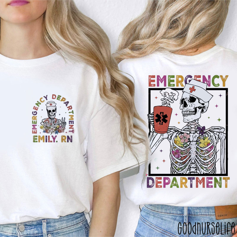 Personalized Skeleton With Floral And Coffee ED Nurse Two Sided T-Shirt