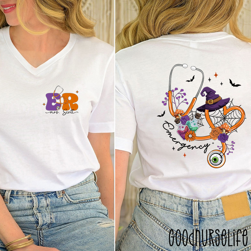 Personalized Halloween Stethoscope Emergency Female V-Neck Two Sided T-Shirt