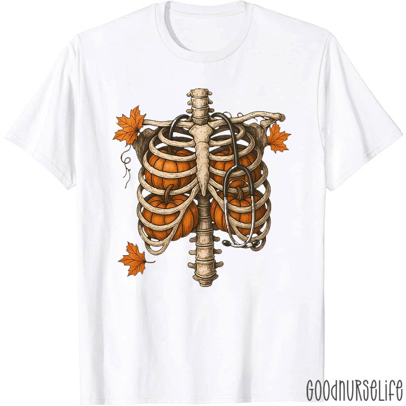 Autumn Ribcage With Pumpkins And Stethoscope Nurse T-Shirt