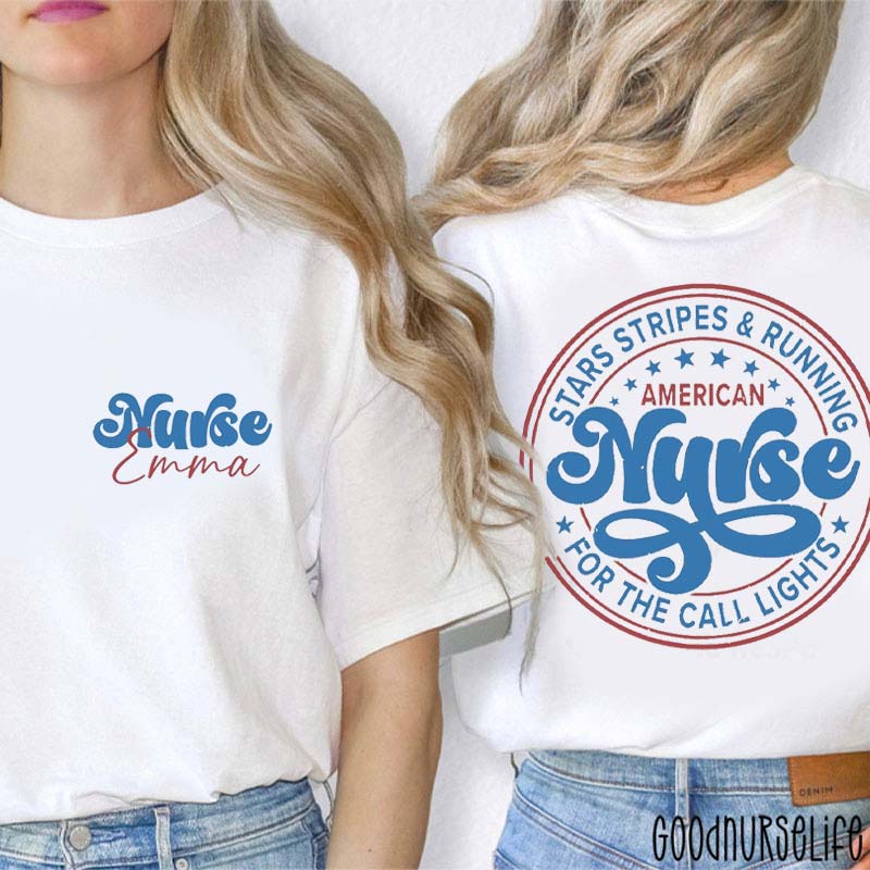 Personalized Stars Stripes And Running Nurse Two Sided T-Shirt