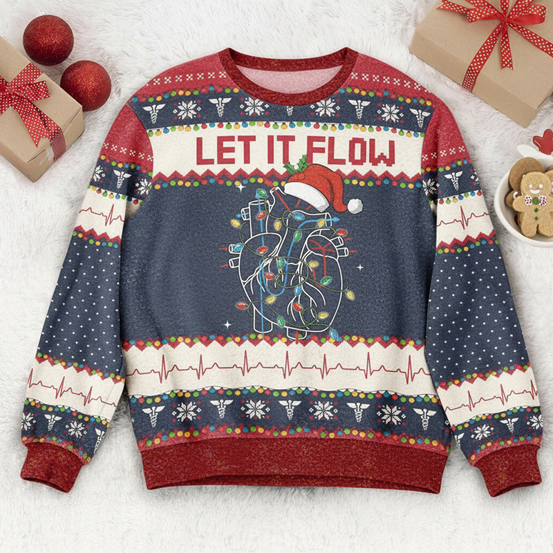 Let It Flow Cardiac Christmas Vibe Ugly Fluffy Christmas Sweater