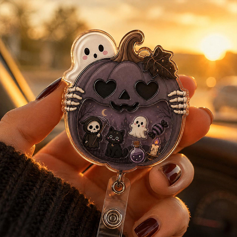 Halloween Pumpkin Ghost Nurse Shaker Badge Reel