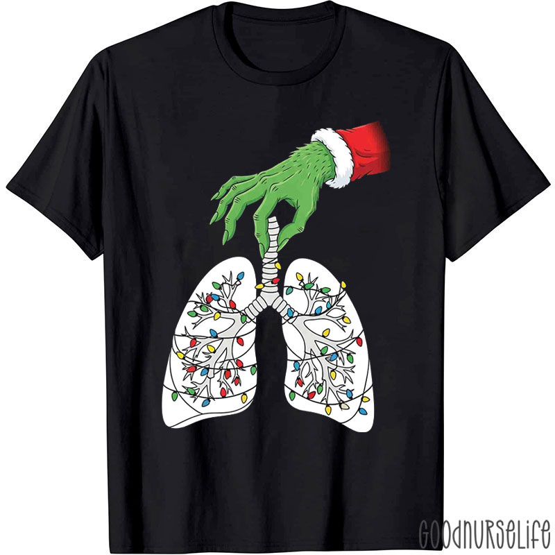 Hand With Lung Christmas Tree Lights T-Shirt