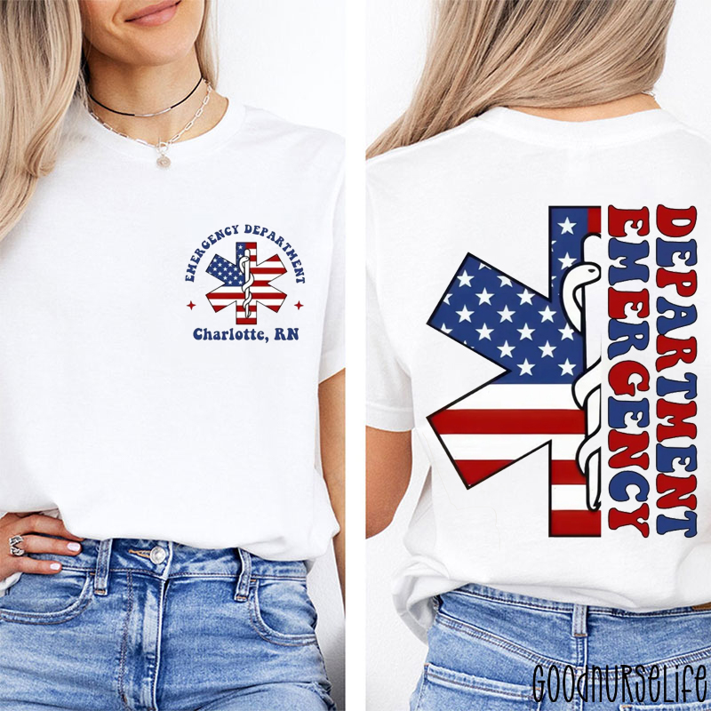 Personalized USA Flag Medical Staff Emergency Room Two Sided T-Shirt