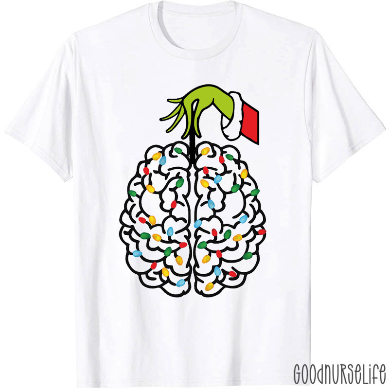 Festive Christmas Light Decorated Brain T-Shirt