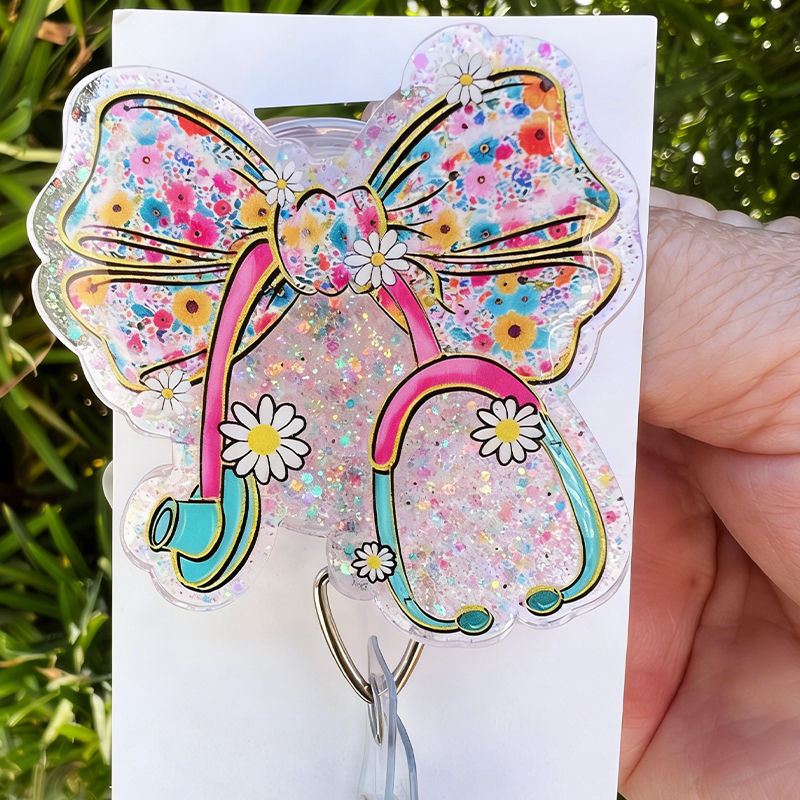Pink Floral Croquette Bow Badge Reel