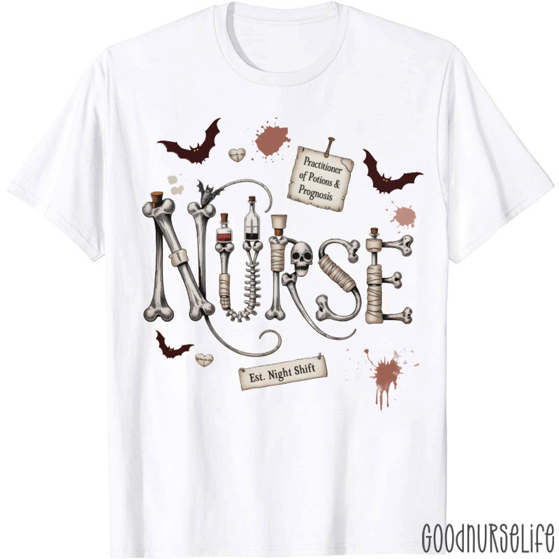 Potion Bones Skull Medical Night Shift Nurse T-Shirt
