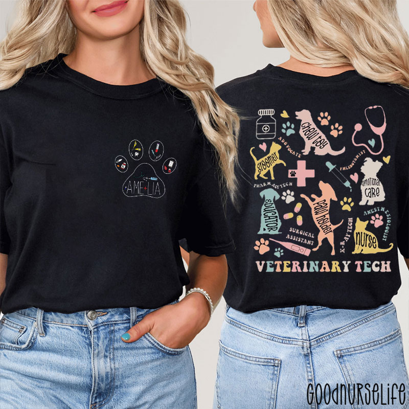 Personalized Veterinary Tech Pet Care Elements Nurse Two Sided T-Shirt