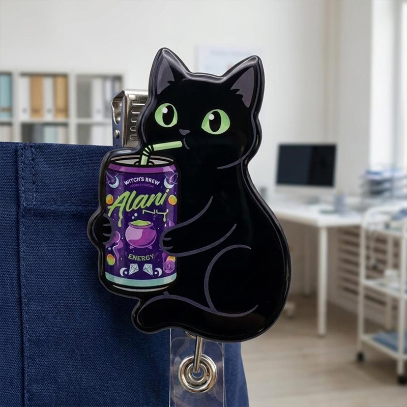 Black Cat Drinking energy drink Nurse Badge Reel