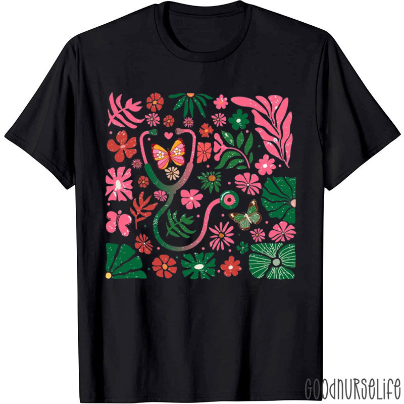 Floral Stethoscope Butterfly Nurse T-Shirt