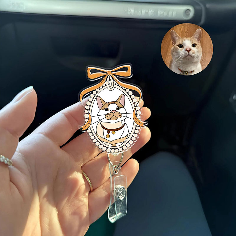 Personalized Vintage Bow Pet Portrait Acrylic Badge Reel