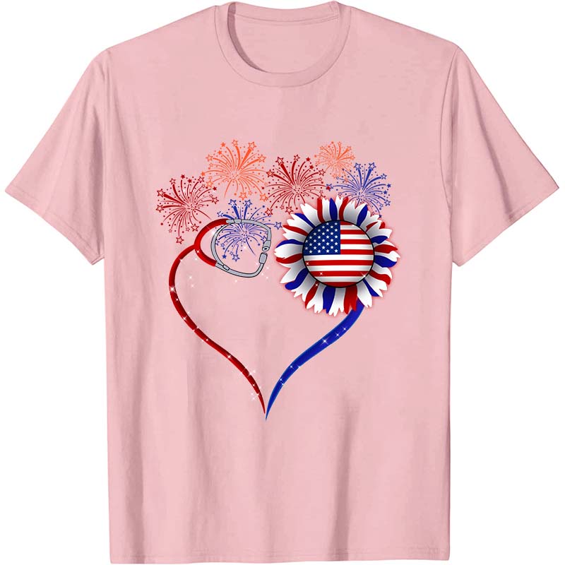 Fireworks Sunflower Stethoscope Nurse T-Shirt