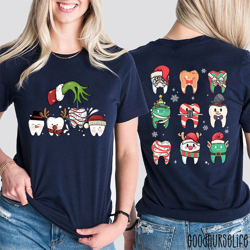 Santa Teeth Green Hand Christmas Nurse Two Sided T-Shirt