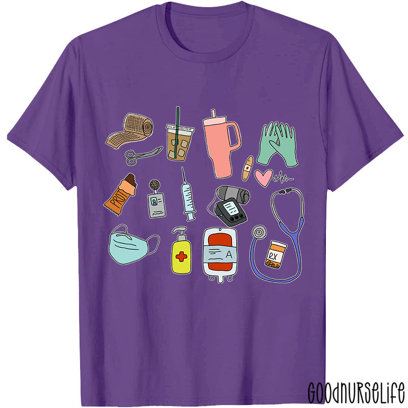 Stethoscope Coffee Mask Syringe Phone Nurse Daily Nurse T-Shirt