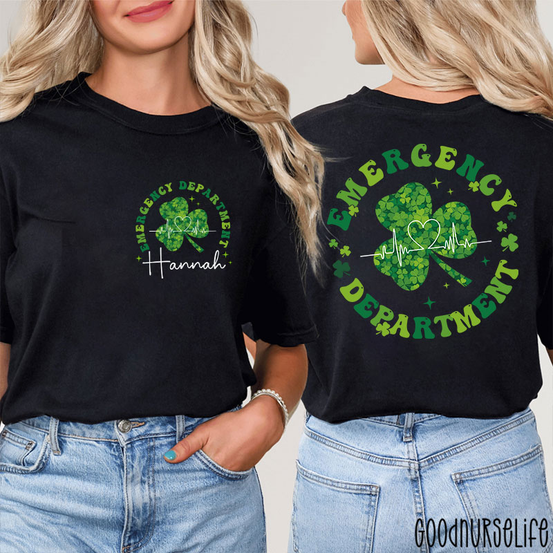 Personalized Green Clover Emergency Department Nurse Two Sided T-Shirt