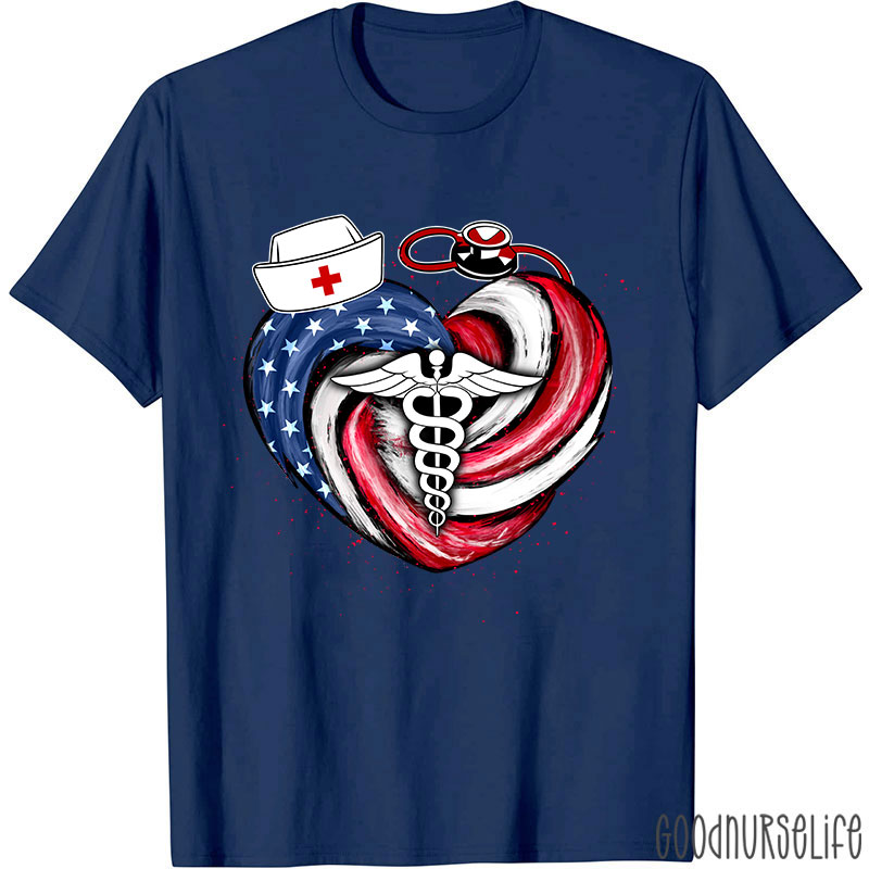Heart-Shaped Stars And Stripes Vortex Nurse T-Shirt