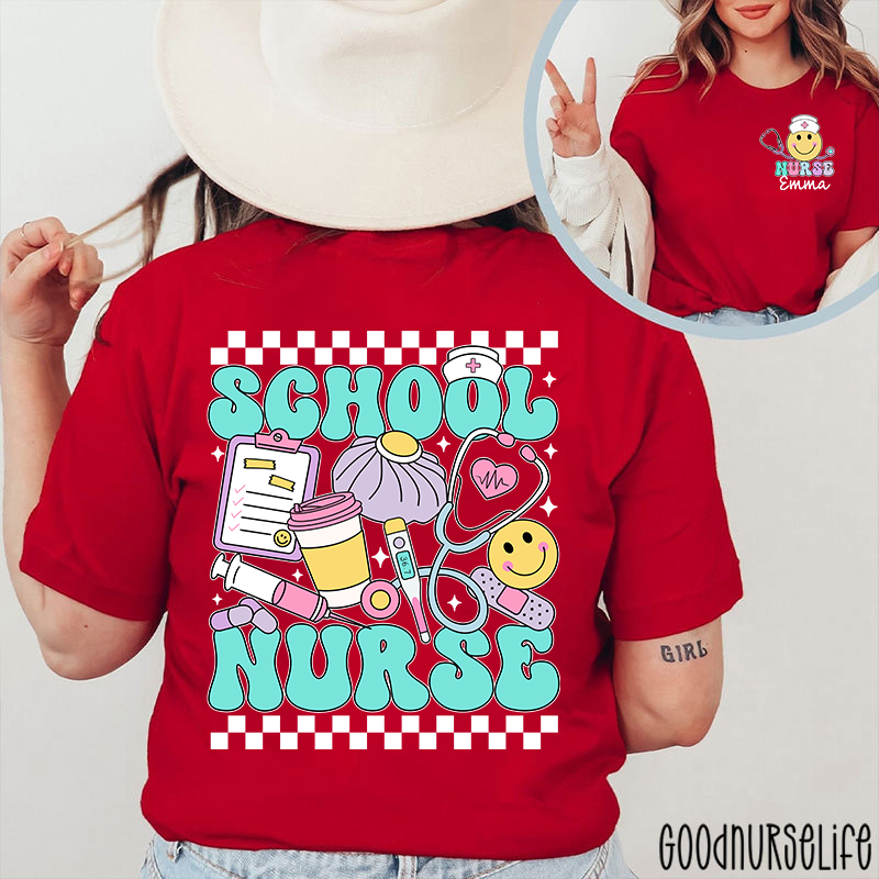 Personalized Checkerboard Smiley Face School Nurse Two Sided T-Shirt