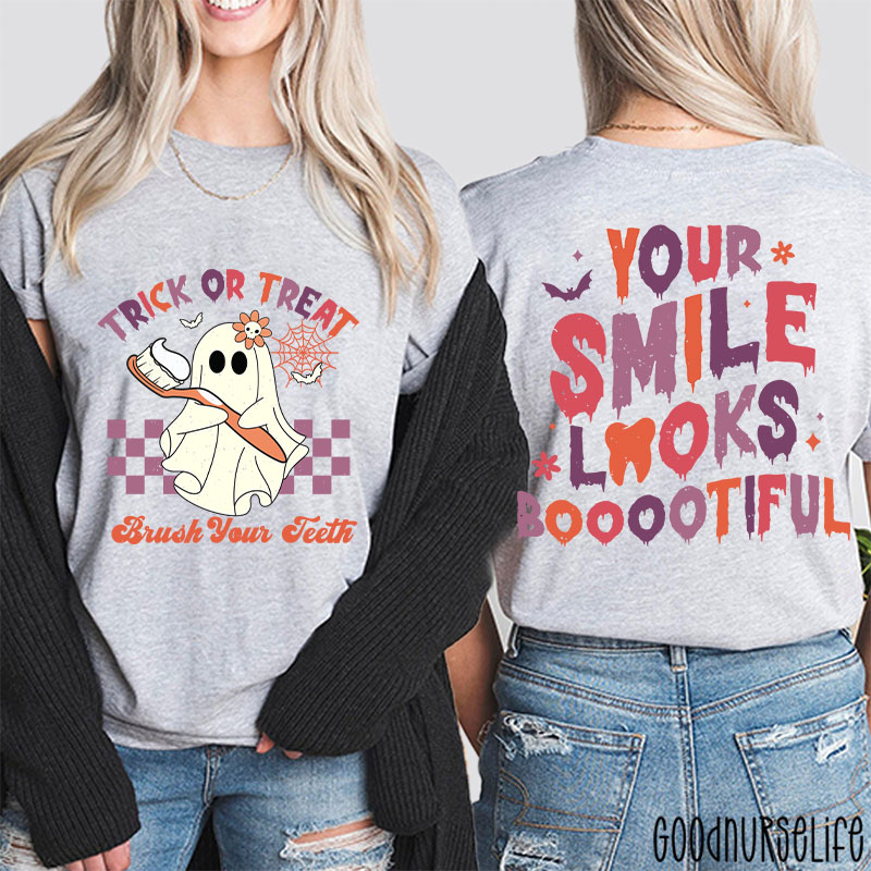 Trick Or Treat Brush Your Teeth Dentist Halloween Two Sided T-Shirt