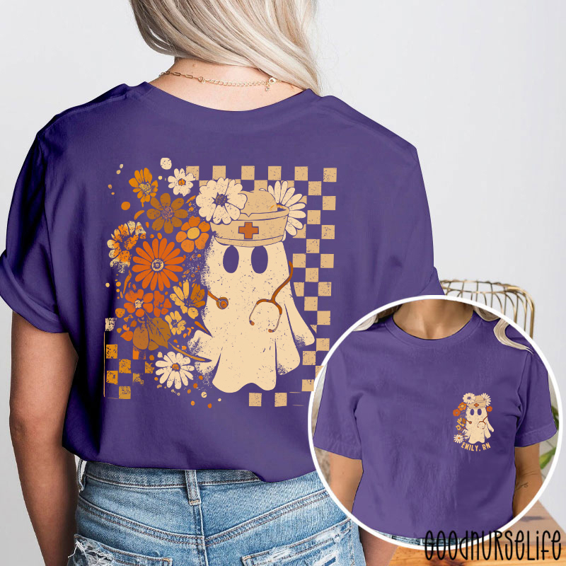Personalized Checkerboard And Flower Ghost Nurse Two Sided T-Shirt