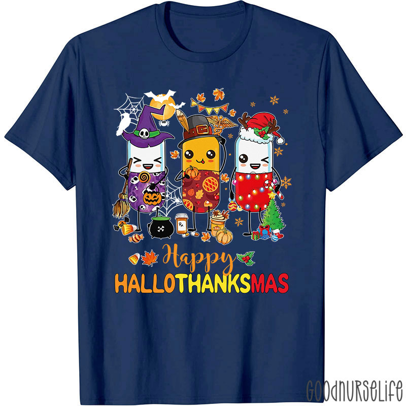 Pharmacy Holiday HalloThanksMas Pill Characters T-Shirt