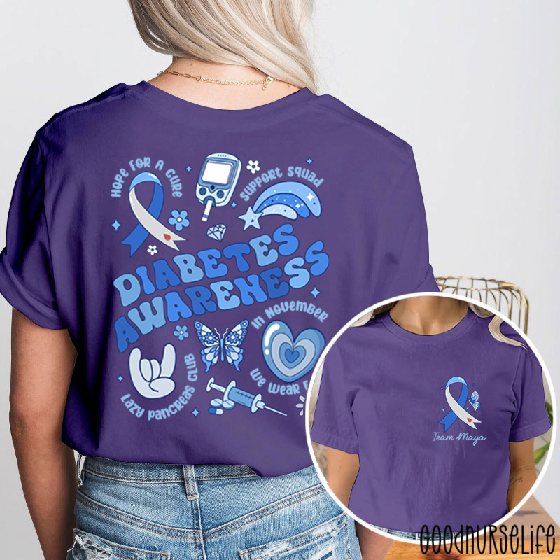 Personalized Festive Blue Diabetes Awareness Two Sided T-Shirt
