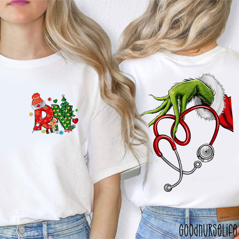 Personalized Hand With Stethoscope Heart Festive Healthcare Nurse Two Sided T-Shirt