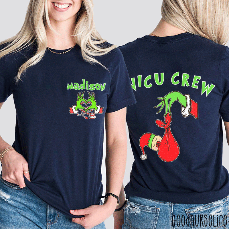 Personalized Name Holiday NICU Crew Nurse Two Sided T-Shirt